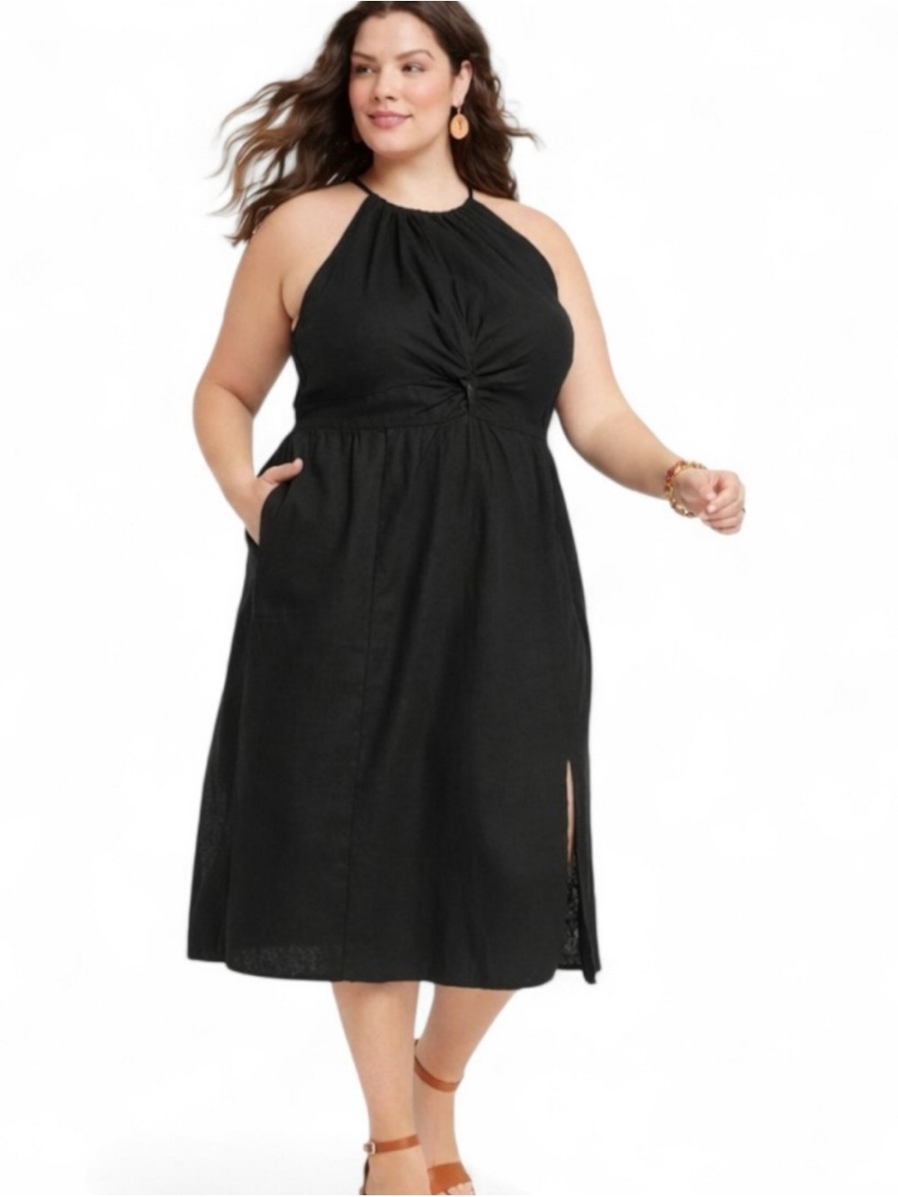 Plus-Size Linen Black Halter Midi Dress - Sleek Knot Front